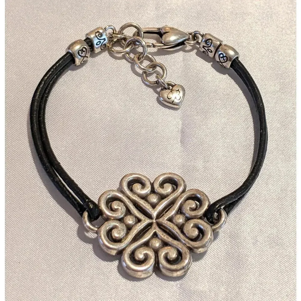 Brighton Alcazar Heart Bracelet Silver Plated Clear Crystals Black Leather 7-8